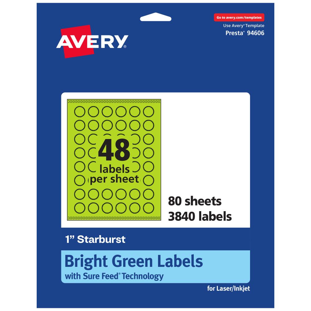 Avery Print-To-The-Edge Labels With Sure Feed Technology, 94606-BGP80, Starburst, 1in, Matte Bright Green, Pack of 3840 MPN:94606-BGP80