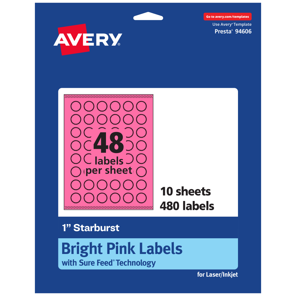 Avery Print-To-The-Edge Labels With Sure Feed Technology, 94606-BPP10, Starburst, 1in, Matte Bright Pink, Pack of 480 MPN:94606-BPP10