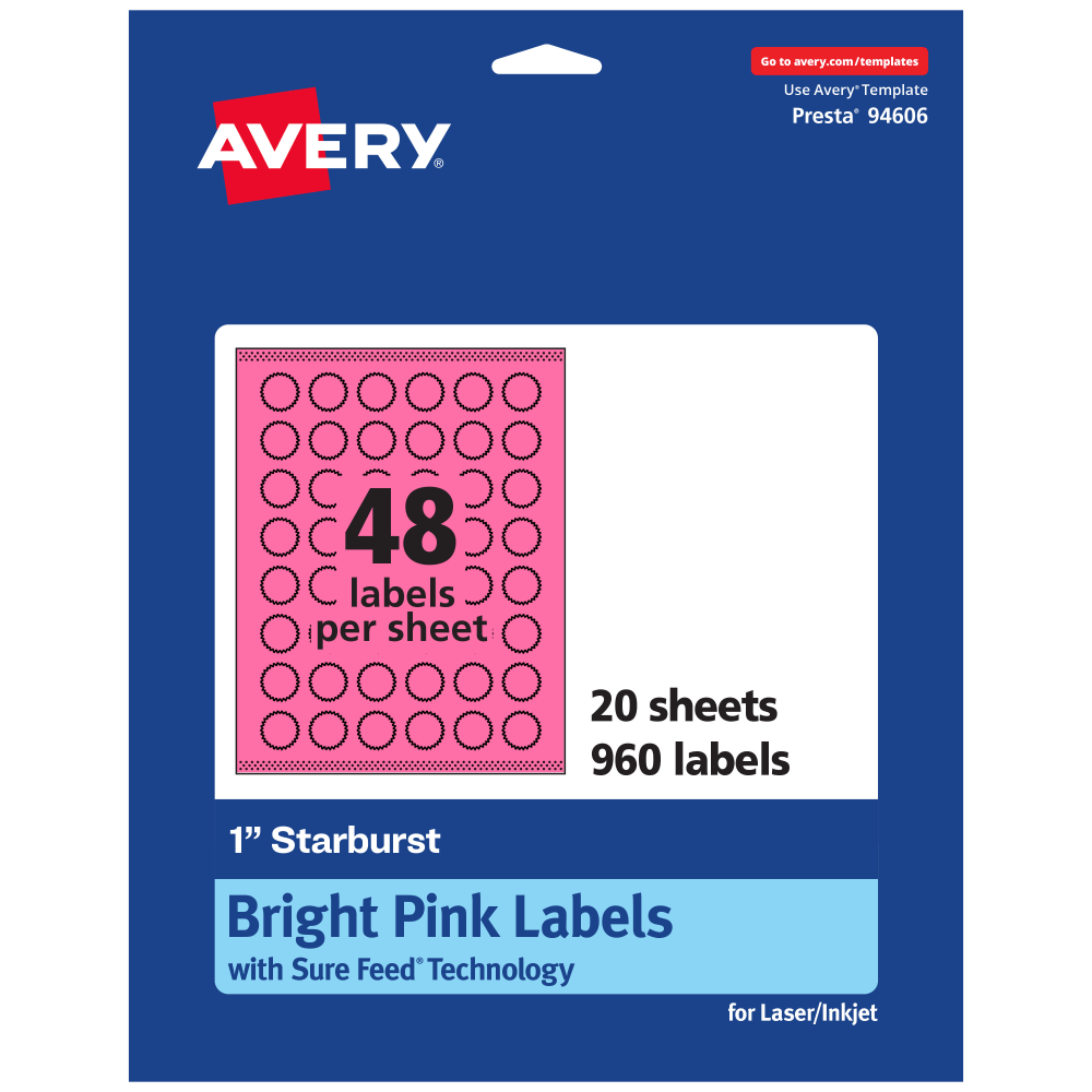 Avery Print-To-The-Edge Labels With Sure Feed Technology, 94606-BPP20, Starburst, 1in, Matte Bright Pink, Pack of 960 MPN:94606-BPP20