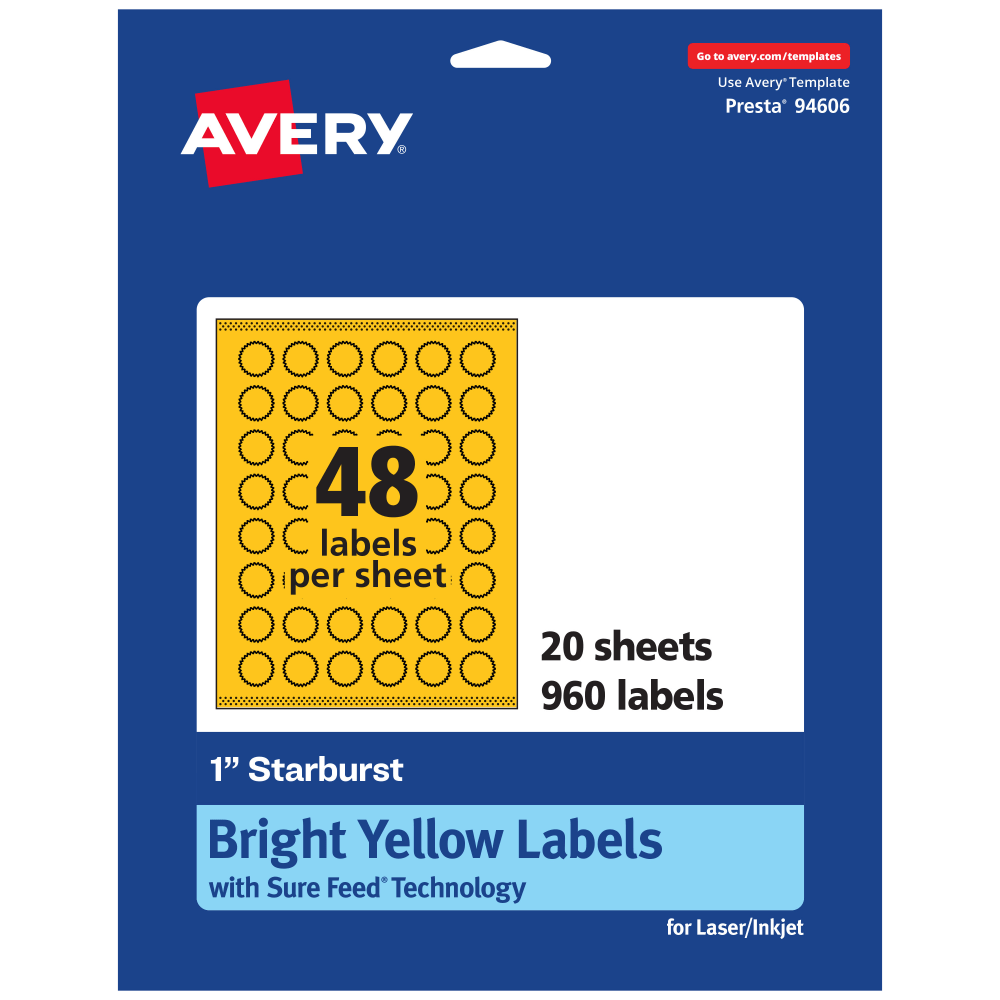 Avery Print-To-The-Edge Labels With Sure Feed Technology, 94606-BYP20, Starburst, 1in, Matte Bright Yellow, Pack of 960 MPN:94606-BYP20