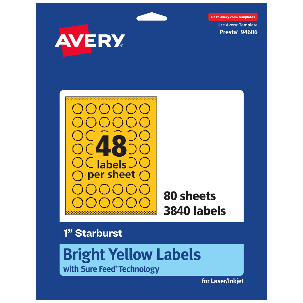 Avery Print-To-The-Edge Labels With Sure Feed Technology, 94606-BYP80, Starburst, 1in, Matte Bright Yellow, Pack of 3840 MPN:94606-BYP80