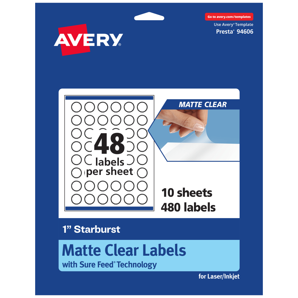 Avery Permanent Labels With Sure Feed, 94606-CMF10, Starburst, 1in, Matte Clear, Pack Of 480 MPN:94606-CMF10