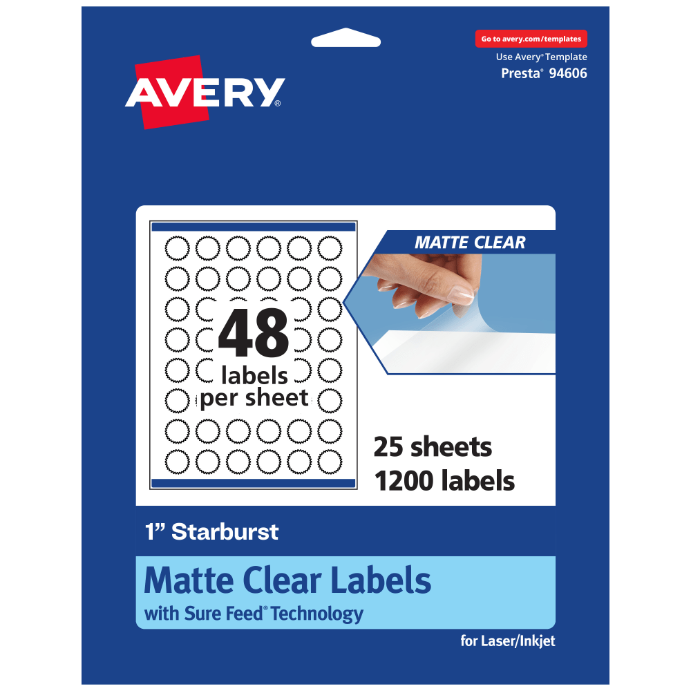 Avery Permanent Labels With Sure Feed, 94606-CMF25, Starburst, 1in, Matte Clear, Pack Of 1, 200 MPN:94606-CMF25
