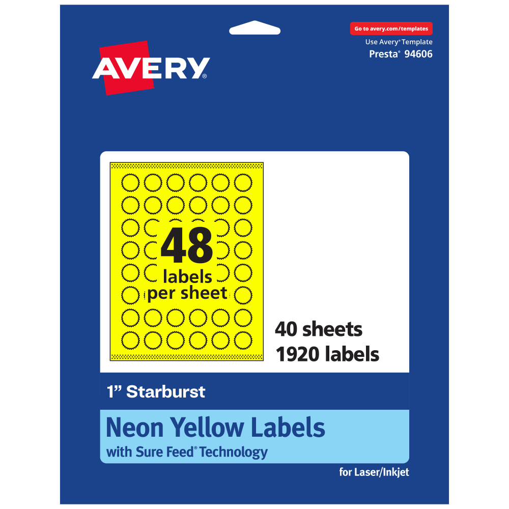 Avery Print-To-The-Edge Labels With Sure Feed Technology, 94606-NYP40, Starburst, 1in, Matte Neon Yellow, Pack of 1920 MPN:94606-NYP40