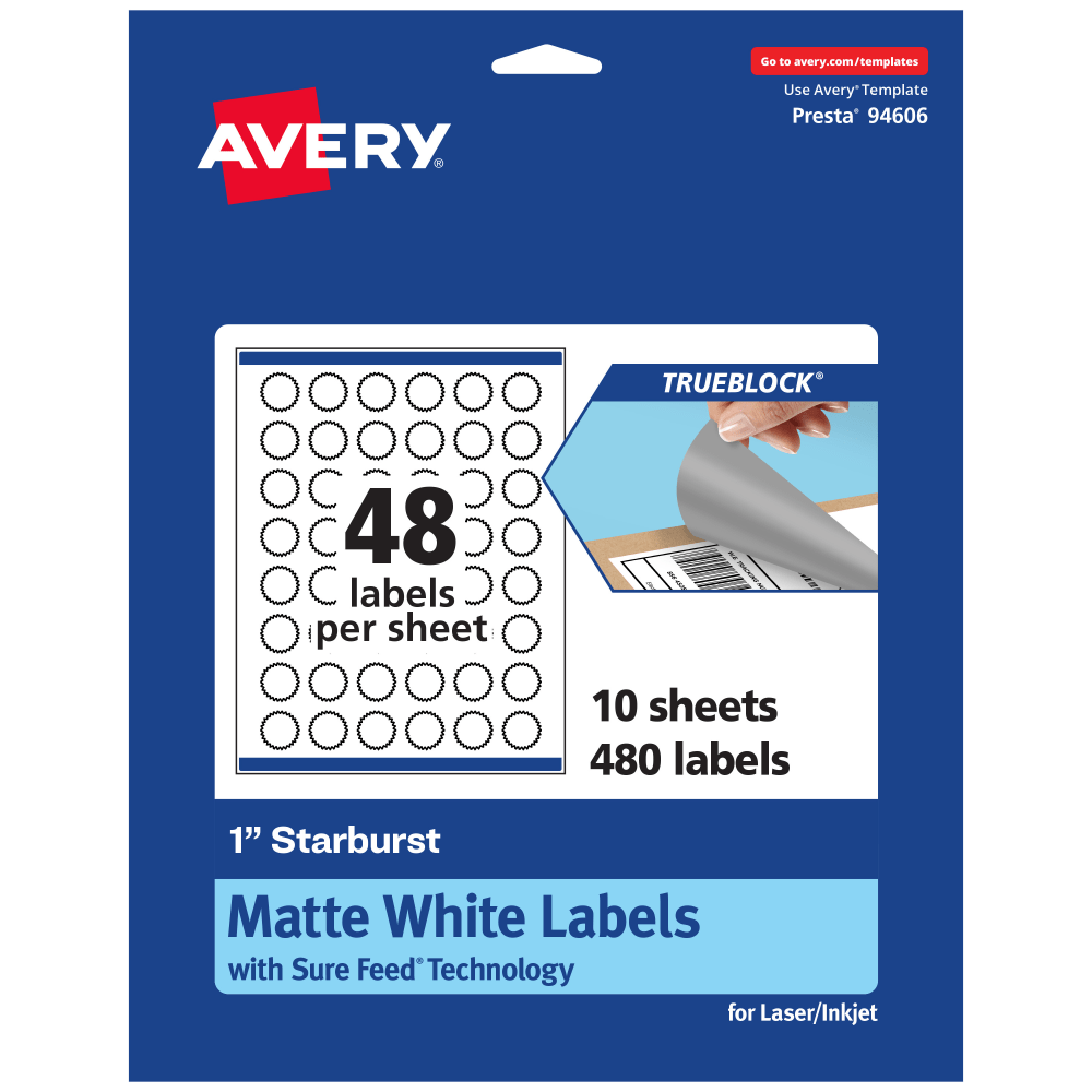 Avery Print-To-The-Edge TrueBlock Labels With Sure Feed, 94606-TWMP10, Starburst, 1in, Matte White, Pack Of 480 MPN:94606-TWMP10