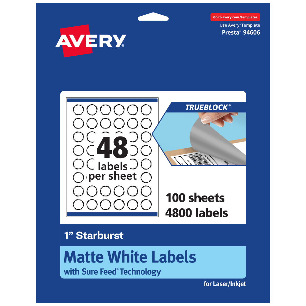Avery Print-To-The-Edge TrueBlock Labels With Sure Feed, 94606-TWMP100, Starburst, 1in, Matte White, Pack Of 4800 MPN:94606-TWMP100