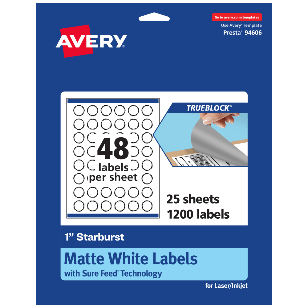 Avery Print-To-The-Edge TrueBlock Labels With Sure Feed, 94606-TWMP25, Starburst, 1in, Matte White, Pack Of 1200 MPN:94606-TWMP25