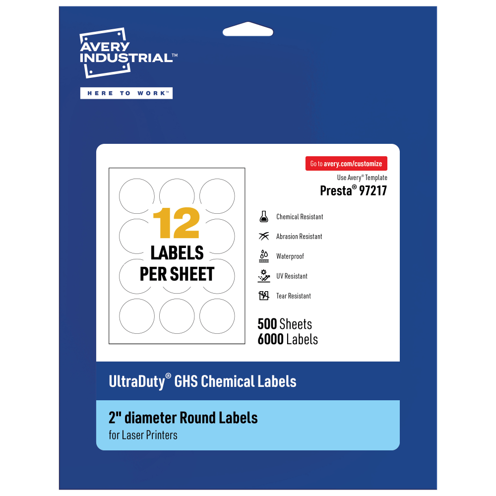 Avery Ultra Duty Permanent GHS Chemical Labels, 97217-WMU500, Round, 2in Diameter, White, Pack Of 6, 000 MPN:97217-WMU500