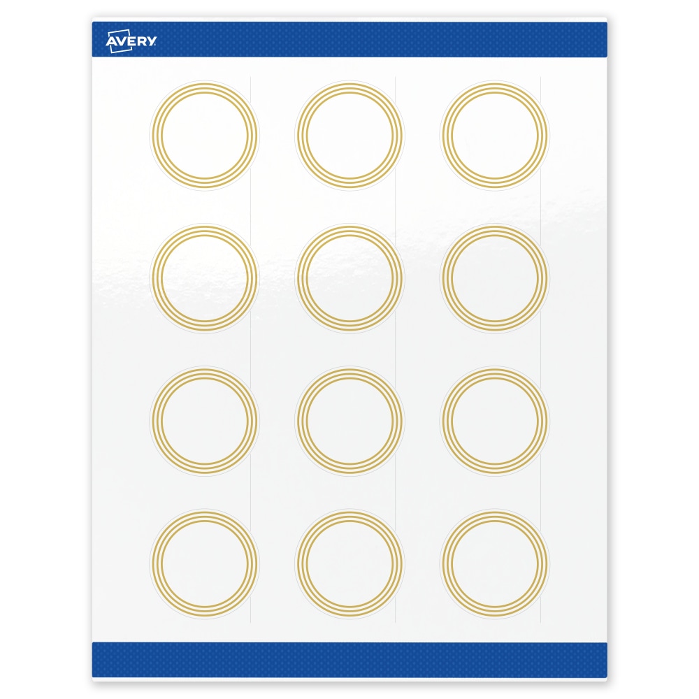 Avery Print-To-The-Edge Labels & Sure Feed, S00-D18-PRWGP10, 2in Round, Glossy White, Preprinted Multi-Lined Gold Border Design, Pack Of 120 MPN:S00-D18-PRWGP10