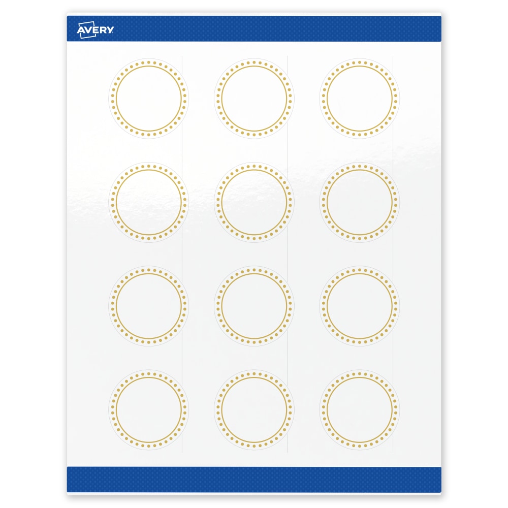 Avery Print-To-The-Edge Labels & Sure Feed, S00-D1D-PRWGP10, 2in Round, Glossy White, Preprinted Gold Border & Gold Dots Design, Pack Of 120 MPN:S00-D1D-PRWGP10