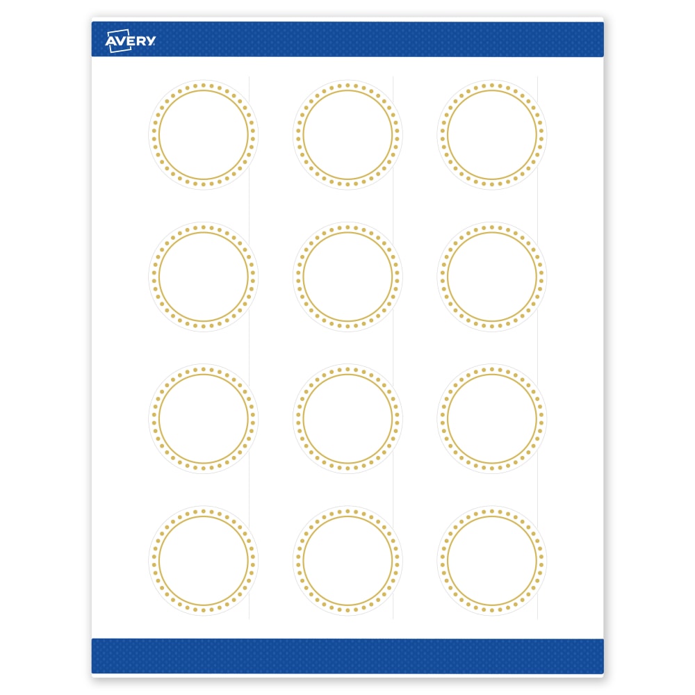 Avery Print-To-The-Edge Labels & Sure Feed, S00-D1D-PRWMP10, 2in Round, Matte White, Preprinted Gold Border & Gold Dots Design, Pack Of 120 MPN:S00-D1D-PRWMP10