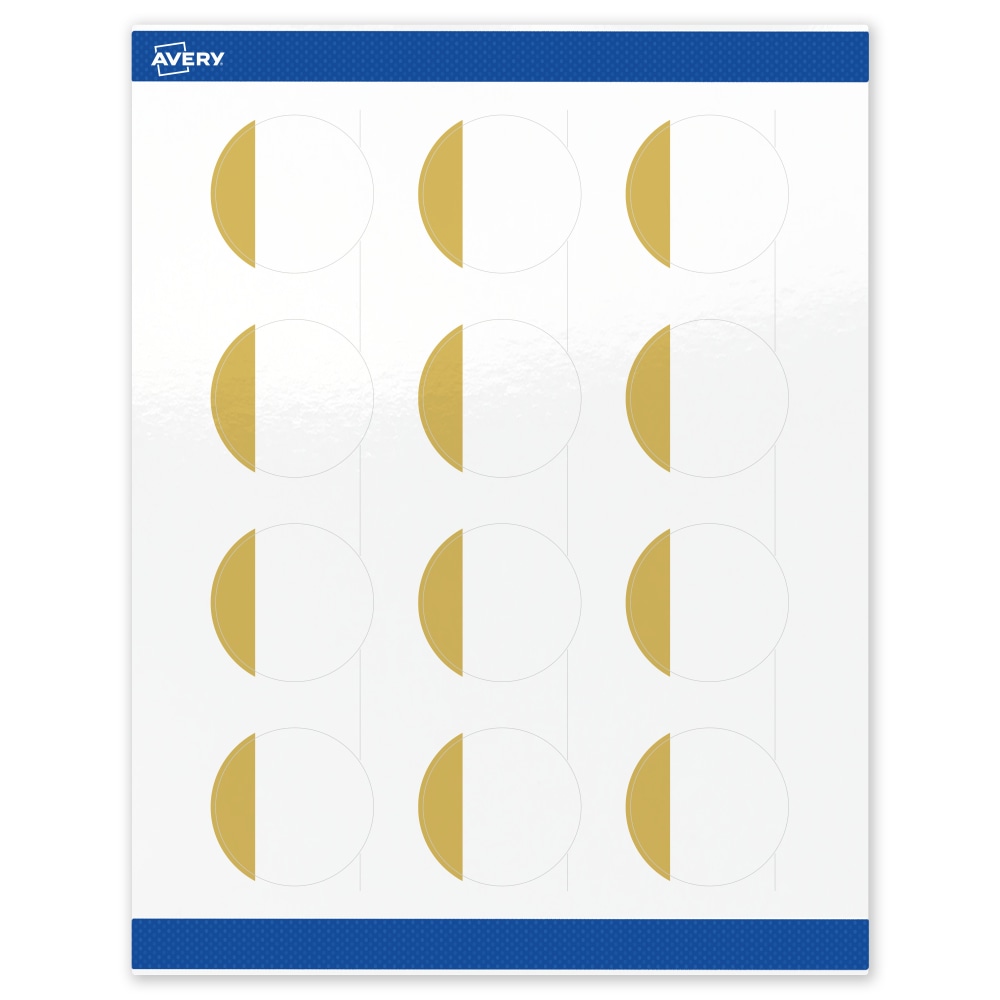 Avery Print-To-The-Edge Labels With Sure Feed Technology, S00-D1Q-PRWGP10, Round, 2in, Glossy White, Preprinted Dipped Gold Edge Design, Pack Of 120 MPN:S00-D1Q-PRWGP10