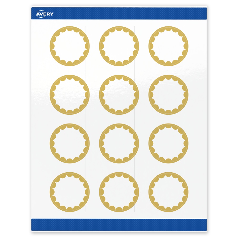 Avery Print-To-The-Edge Labels With Sure Feed Technology, S00-D1W-PRWGP10, Round, 2in, Glossy White, Preprinted Gold Dots Edge Design, Pack Of 120 MPN:S00-D1W-PRWGP10