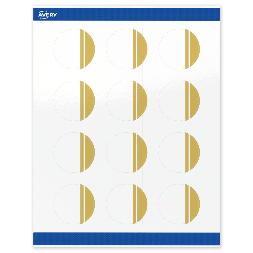 Avery Print-To-The-Edge Labels & Sure Feed, S00-D21-PRWGP10, 2in Round, Glossy White, Preprinted Double Dipped Gold Edge Design, Pack Of 120 MPN:S00-D21-PRWGP10