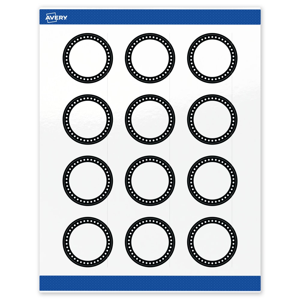 Avery Print-To-The-Edge Labels & Sure Feed, S00-D26-PRWGP10, 2in Round, Glossy White, Preprinted Black & White Polka Dots Design, Pack Of 120 MPN:S00-D26-PRWGP10