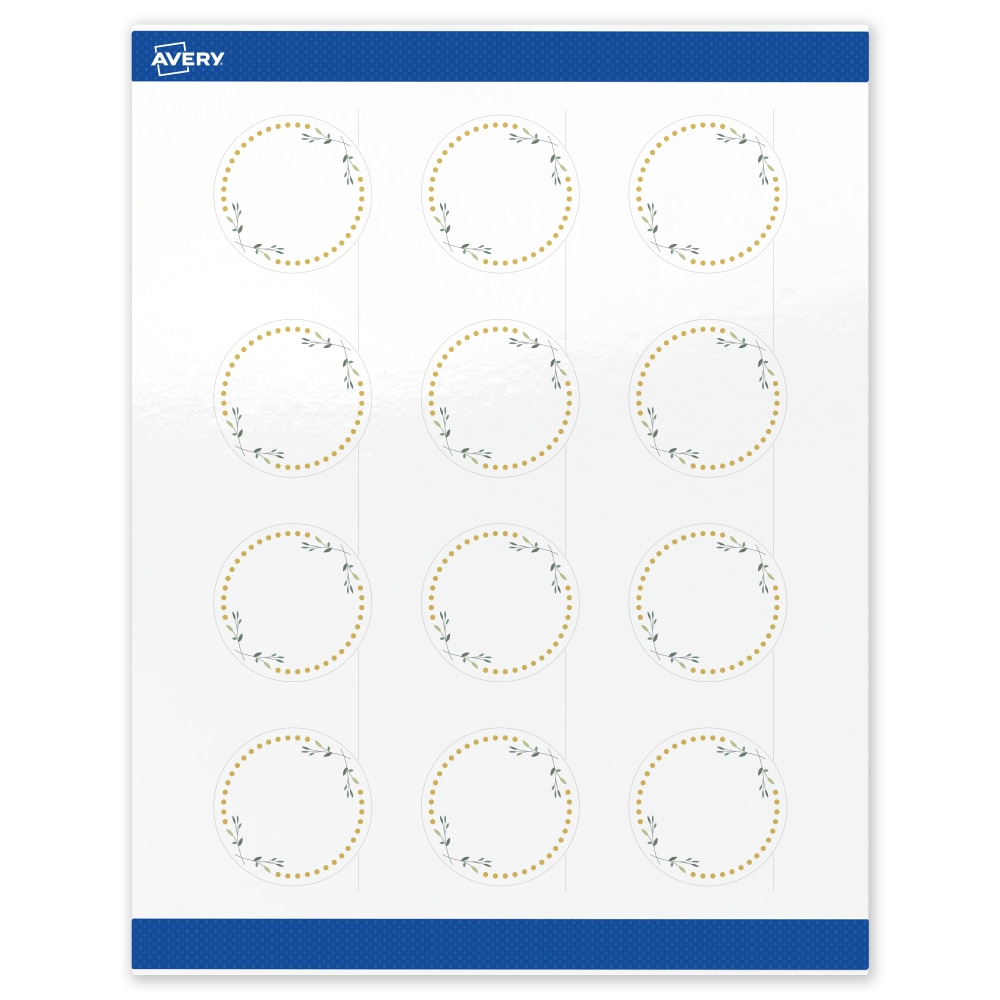 Avery Print-To-The-Edge Labels & Sure Feed, S00-D2T-PRWGP10, 2in Round, Glossy White, Preprinted Green Floral & Gold Dots Design, Pack Of 120 MPN:S00-D2T-PRWGP10