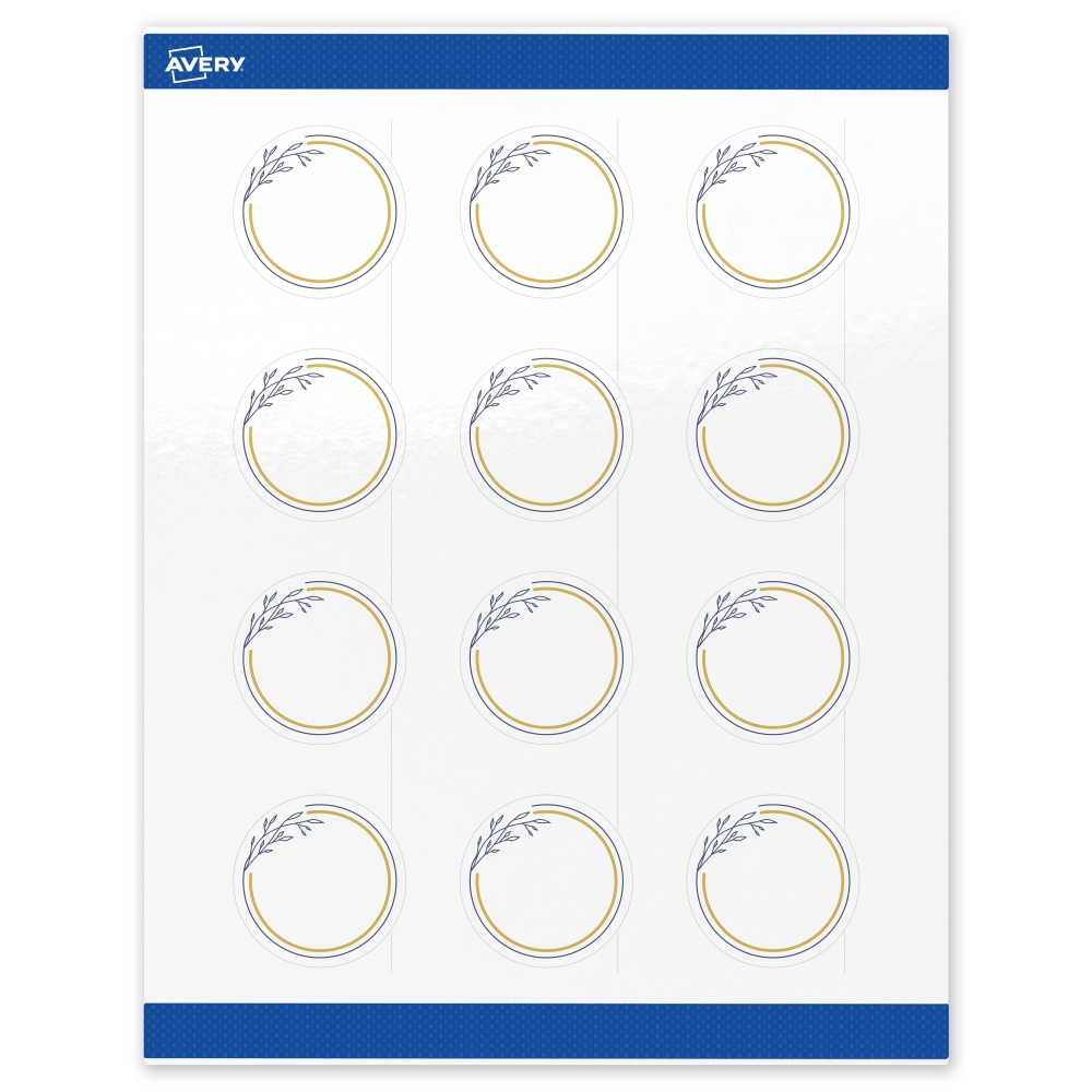 Avery Print-To-The-Edge Labels & Sure Feed, S00-D2Z-PRWGP10, 2in Round, Glossy White, Preprinted Gold & Navy Border & Floral Design, Pack Of 120 MPN:S00-D2Z-PRWGP10