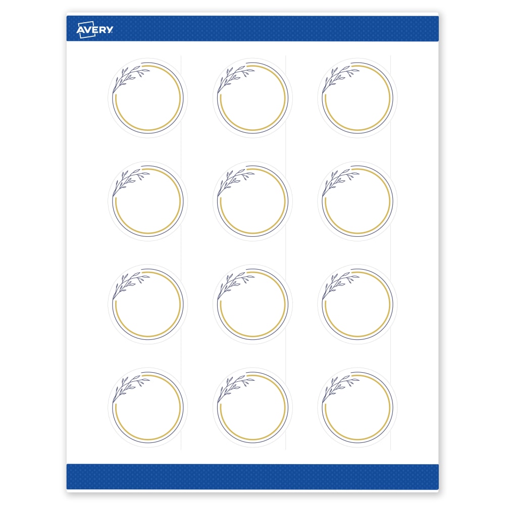 Avery Print-To-The-Edge Labels & Sure Feed, S00-D2Z-PRWMP10, 2in Round, Matte White, Preprinted Gold & Navy Border & Floral Design, Pack Of 120 MPN:S00-D2Z-PRWMP10