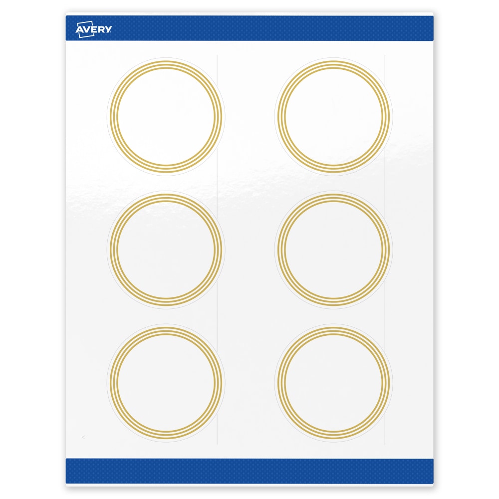 Avery Print-To-The-Edge Labels & Sure Feed, S00-DHH-PRWGP10, 3in Round, Glossy White, Preprinted Multi-Lined Gold Border Design, Pack Of 60 MPN:S00-DHH-PRWGP10