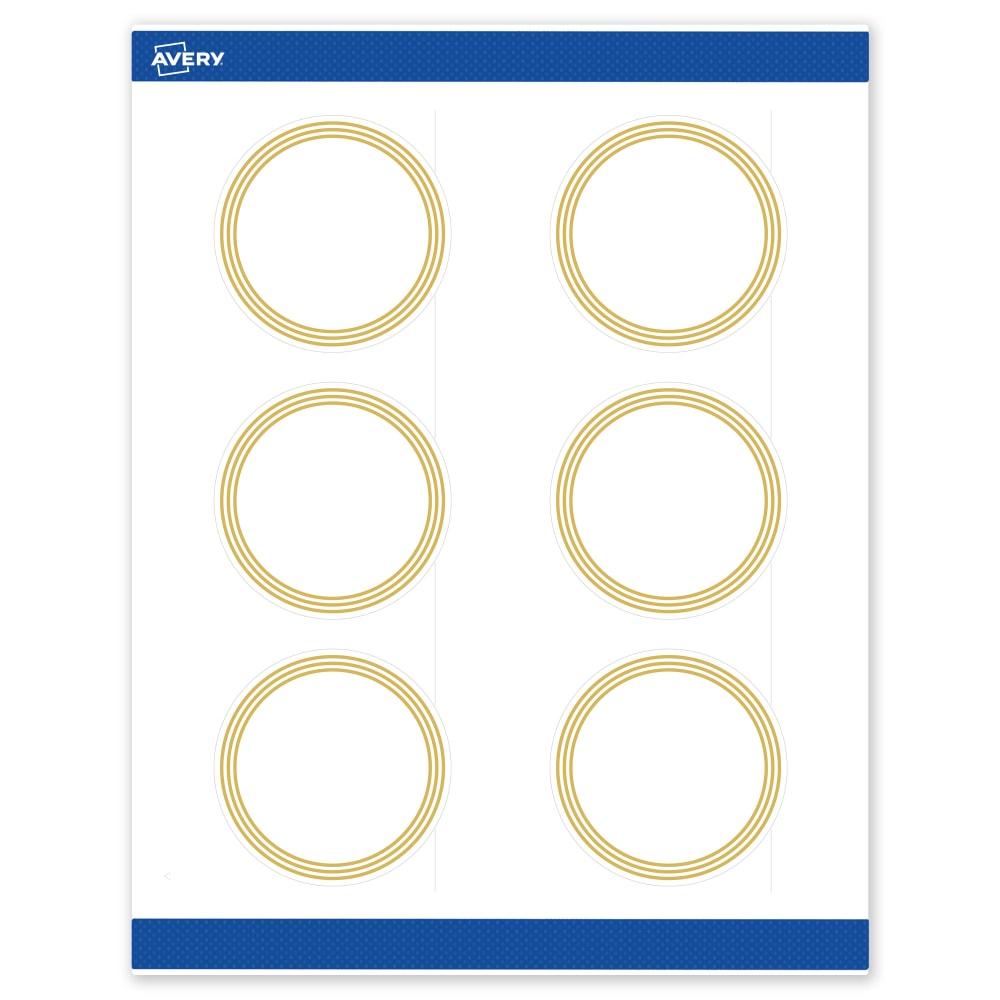 Avery Print-To-The-Edge Labels & Sure Feed, S00-DHH-PRWMP10, 3in Round, Matte White, Preprinted Multi-Lined Gold Border Design, Pack Of 60 MPN:S00-DHH-PRWMP10