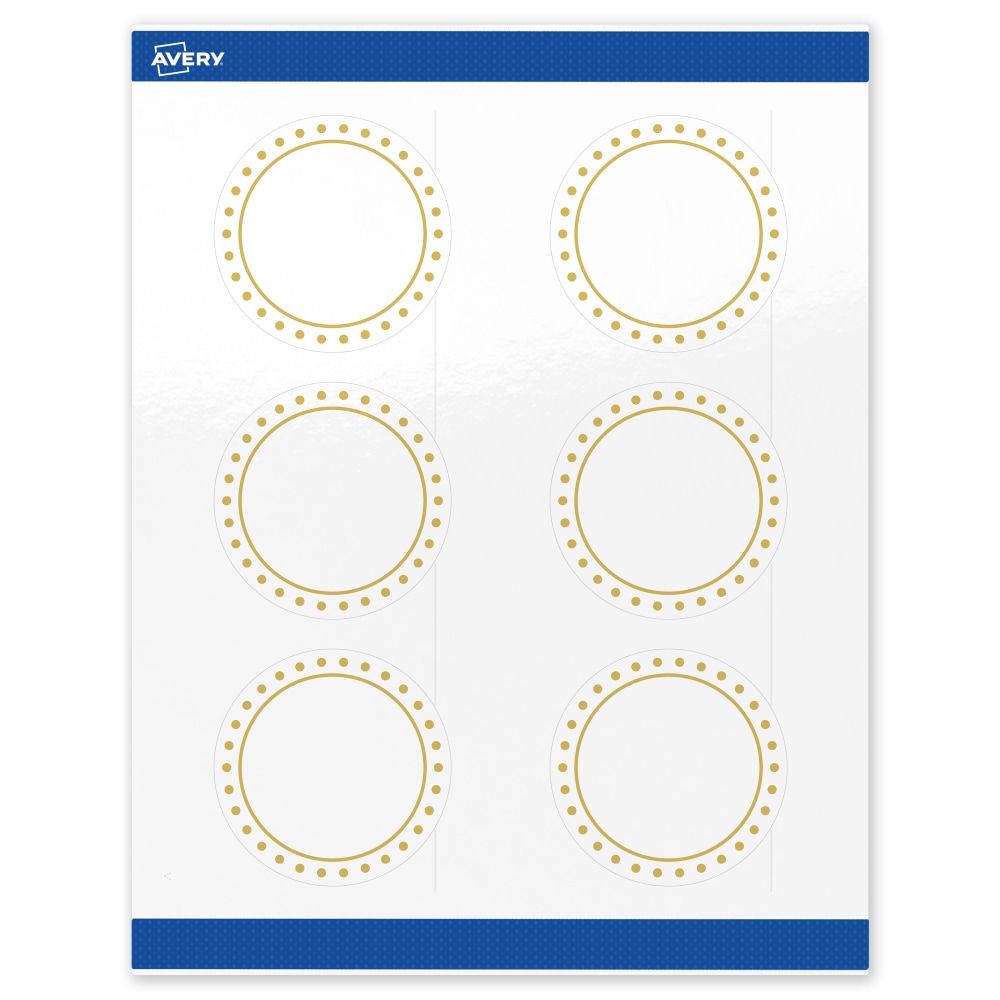 Avery Print-To-The-Edge Labels & Sure Feed, S00-DHX-PRWGP10, 3in Round, Glossy White, Preprinted Gold Border & Gold Dots Design, Pack Of 60 MPN:S00-DHX-PRWGP10