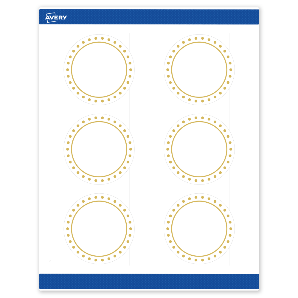 Avery Print-To-The-Edge Labels & Sure Feed, S00-DHX-PRWMP10, 3in Round, Matte White, Preprinted Gold Border & Gold Dots Design, Pack Of 60 MPN:S00-DHX-PRWMP10