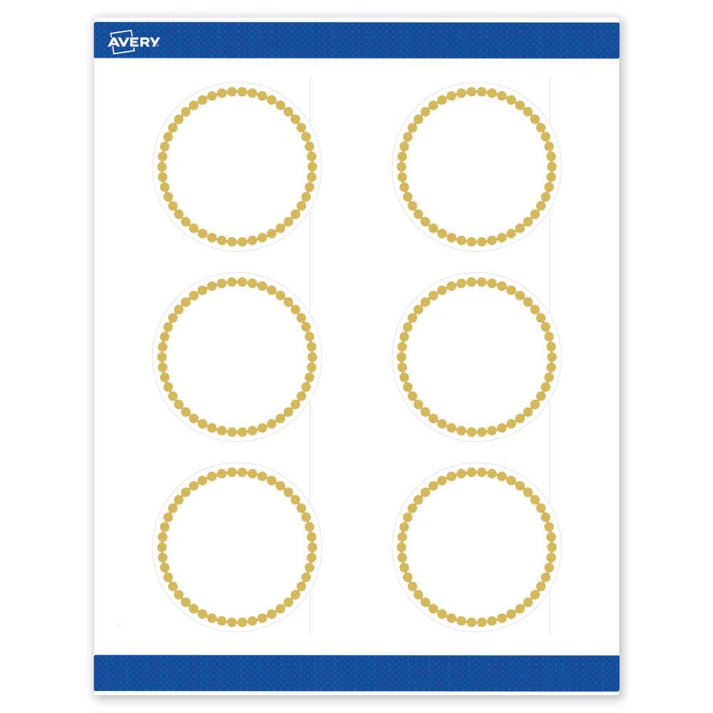 Avery Print-To-The-Edge Labels With Sure Feed Technology, S00-DJ9-PRWMP10, Round, 3in, Matte White, Preprinted Gold Beads Design, Pack Of 60 MPN:S00-DJ9-PRWMP10