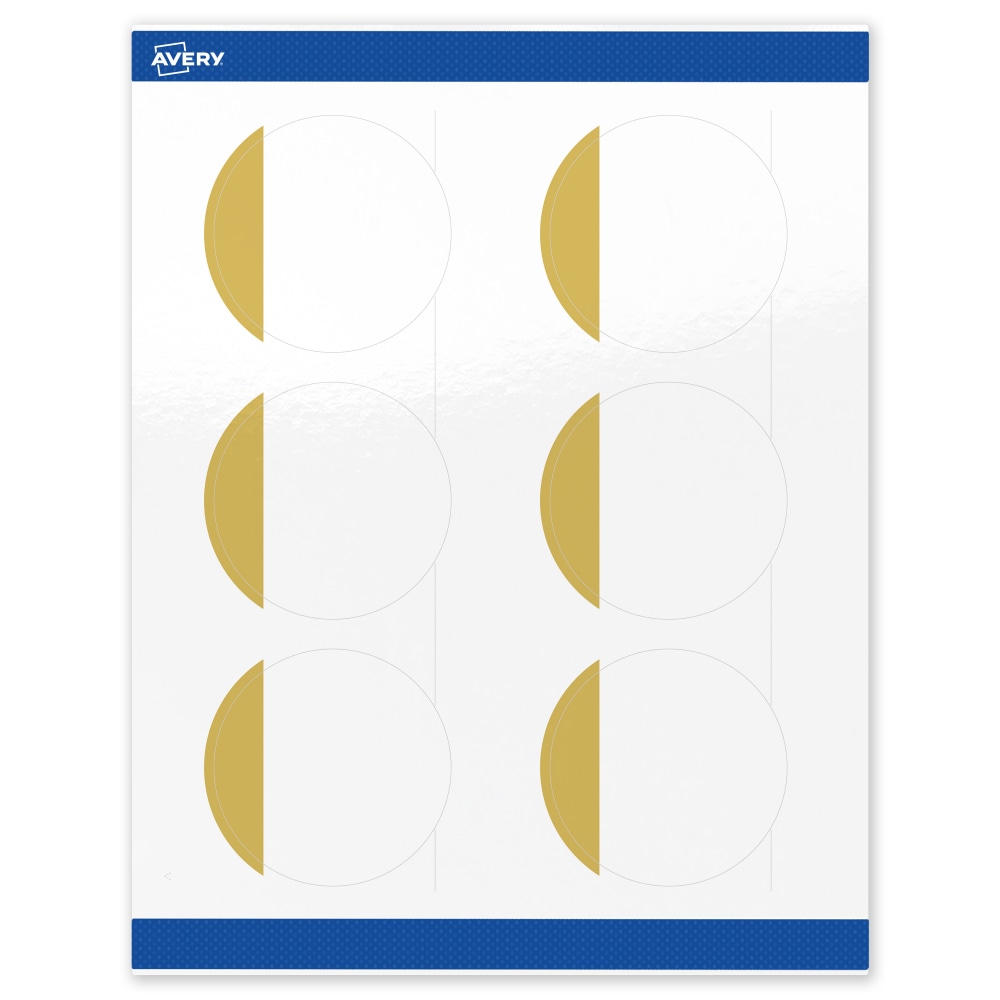 Avery Print-To-The-Edge Labels With Sure Feed Technology, S00-DJN-PRWGP10, Round, 3in, Glossy White, Preprinted Dipped Gold Edge Design, Pack Of 60 MPN:S00-DJN-PRWGP10