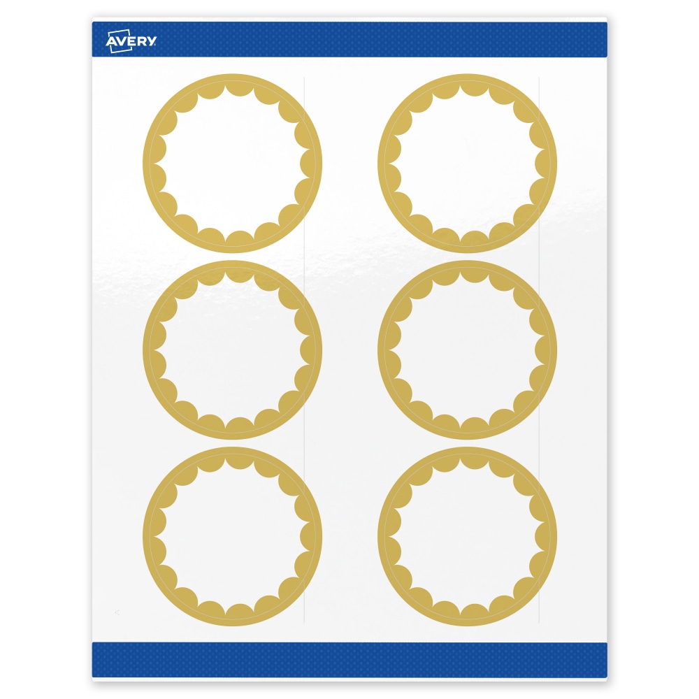 Avery Print-To-The-Edge Labels With Sure Feed Technology, S00-DK0-PRWGP10, Round, 3in, Glossy White, Preprinted Gold Dots Edge Design, Pack Of 60 MPN:S00-DK0-PRWGP10