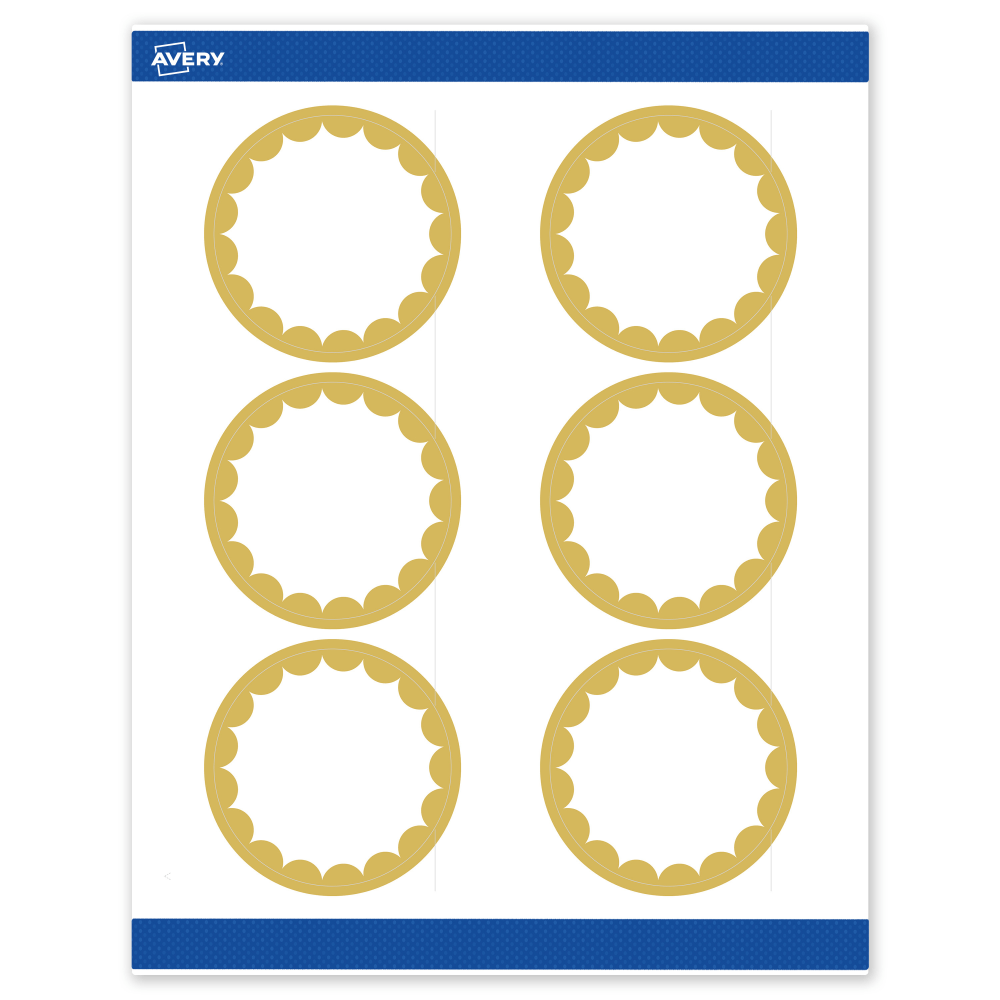 Avery Print-To-The-Edge Labels With Sure Feed Technology, S00-DK0-PRWMP10, Round, 3in, Matte White, Preprinted Gold Dots Edge Design, Pack Of 60 MPN:S00-DK0-PRWMP10