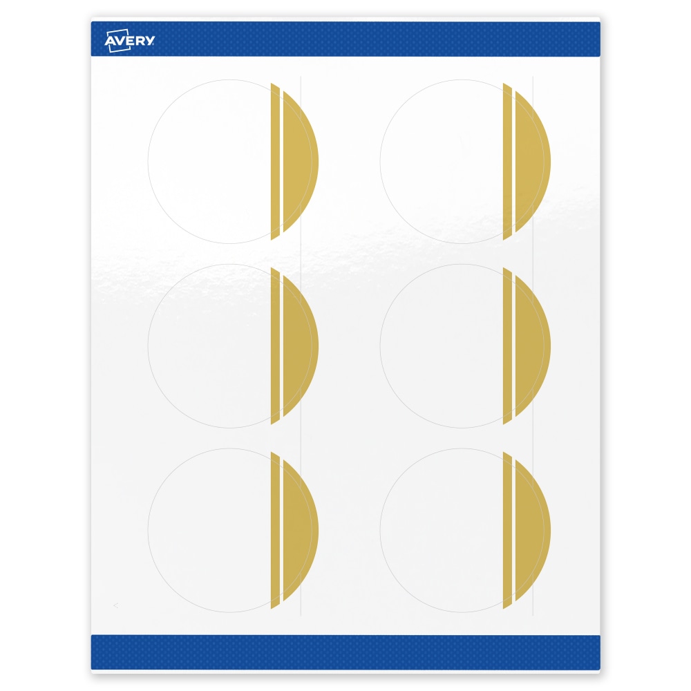 Avery Print-To-The-Edge Labels & Sure Feed, S00-DKB-PRWGP10, 3in Round, Glossy White, Preprinted Double Dipped Gold Edge Design, Pack Of 60 MPN:S00-DKB-PRWGP10