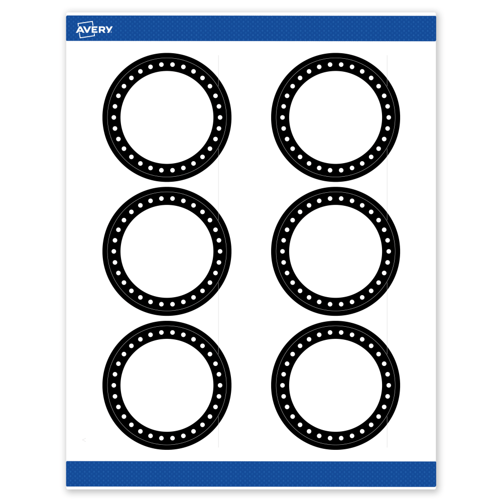 Avery Print-To-The-Edge Labels & Sure Feed, S00-DKP-PRWMP10, 3in Round, Matte White, Preprinted Black & White Polka Dots Design, Pack Of 60 MPN:S00-DKP-PRWMP10