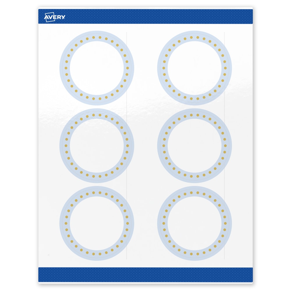 Avery Print-To-The-Edge Labels & Sure Feed, S00-DMD-PRWGP10, 3in Round, Glossy White, Preprinted Blue Border & Gold Dots Design, Pack Of 60 MPN:S00-DMD-PRWGP10