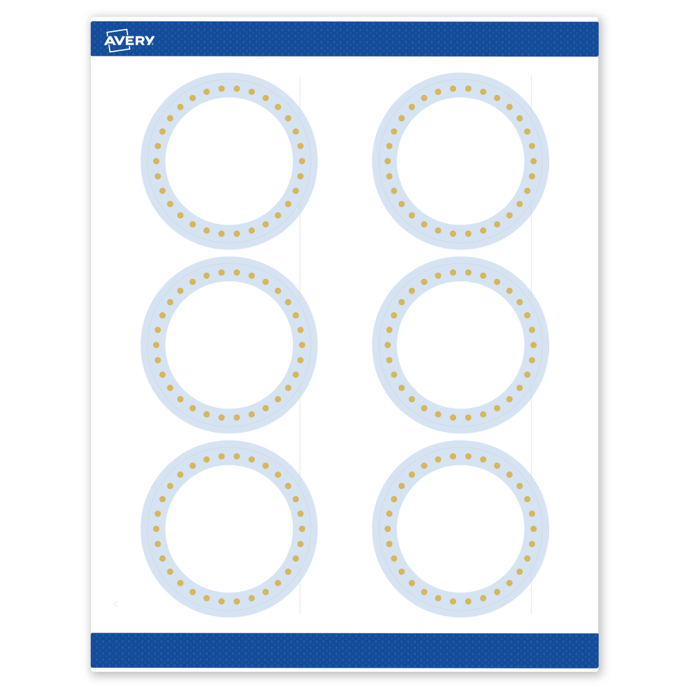 Avery Print-To-The-Edge Labels & Sure Feed, S00-DMD-PRWMP10, 3in Round, Matte White, Preprinted Blue Border & Gold Dots Design, Pack Of 60 MPN:S00-DMD-PRWMP10