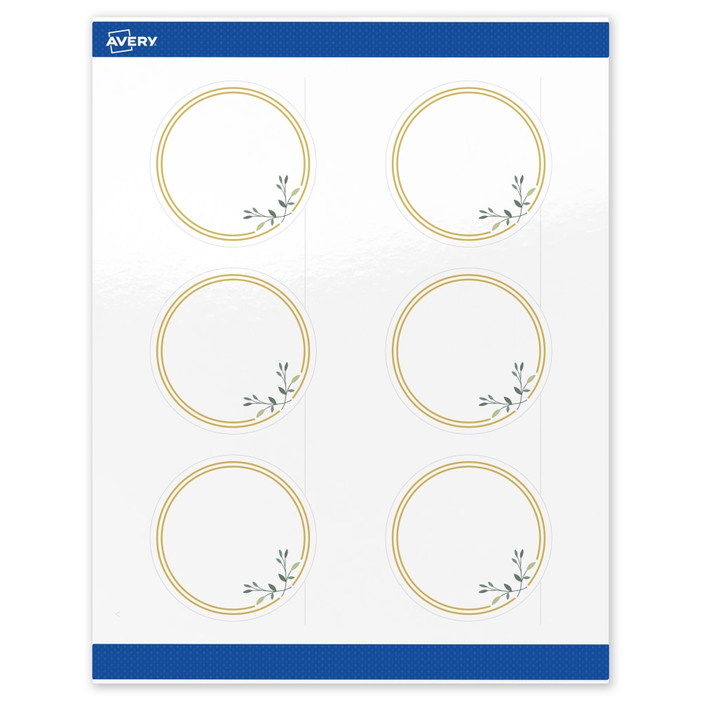 Avery Print-To-The-Edge Labels & Sure Feed, S00-DMR-PRWGP10, 3in Round, Glossy White, Preprinted Double Gold Border & Floral Design, Pack Of 60 MPN:S00-DMR-PRWGP10