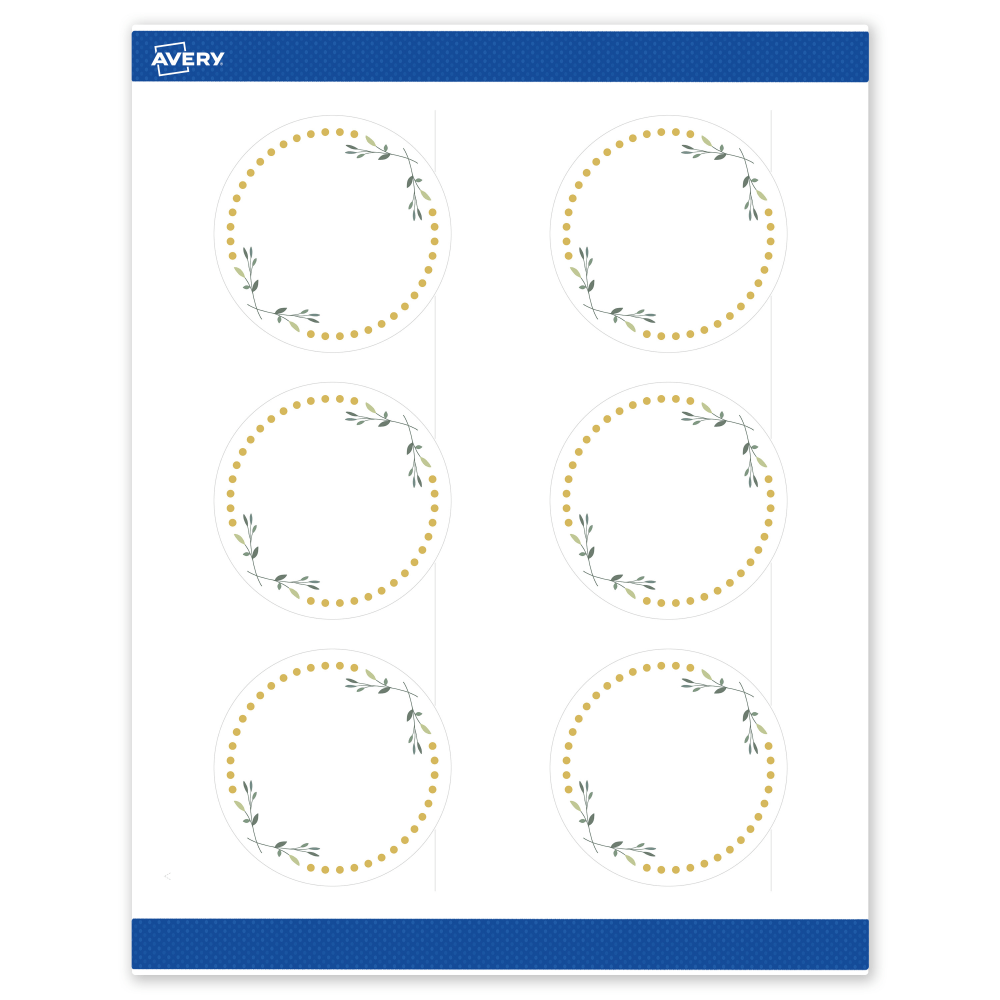 Avery Print-To-The-Edge Labels & Sure Feed, S00-DN4-PRWMP10, 3in Round, Matte White, Preprinted Green Floral & Gold Dots Design, Pack Of 60 MPN:S00-DN4-PRWMP10