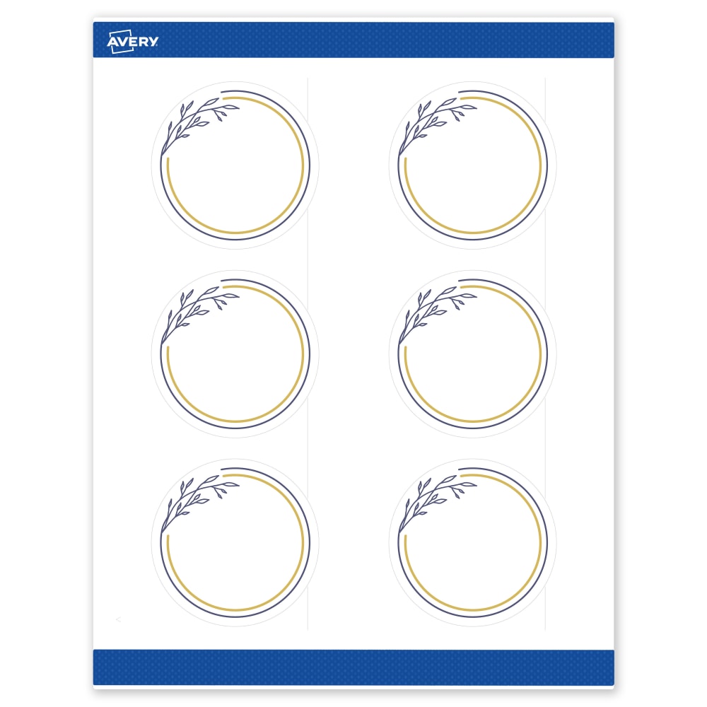 Avery Print-To-The-Edge Labels & Sure Feed, S00-DNG-PRWMP10, 3in Round, Matte White, Preprinted Gold & Navy Border & Floral Design, Pack Of 60 MPN:S00-DNG-PRWMP10
