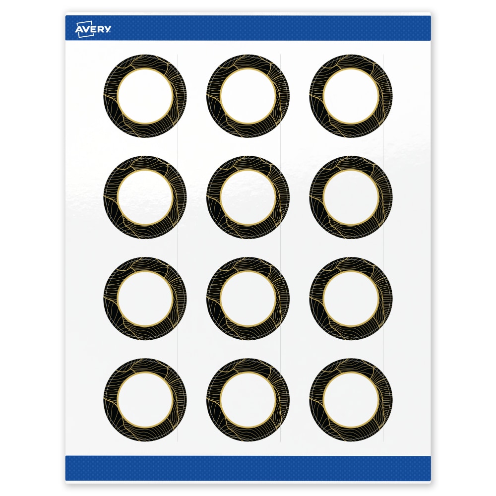 Avery Printable Labels With Sure Feed Technology, S00-ETJ, Round, 2in, Glossy White With Preprinted Black/Gold Vein Border, Pack Of 120 MPN:S00-ETJ-PRWGP10