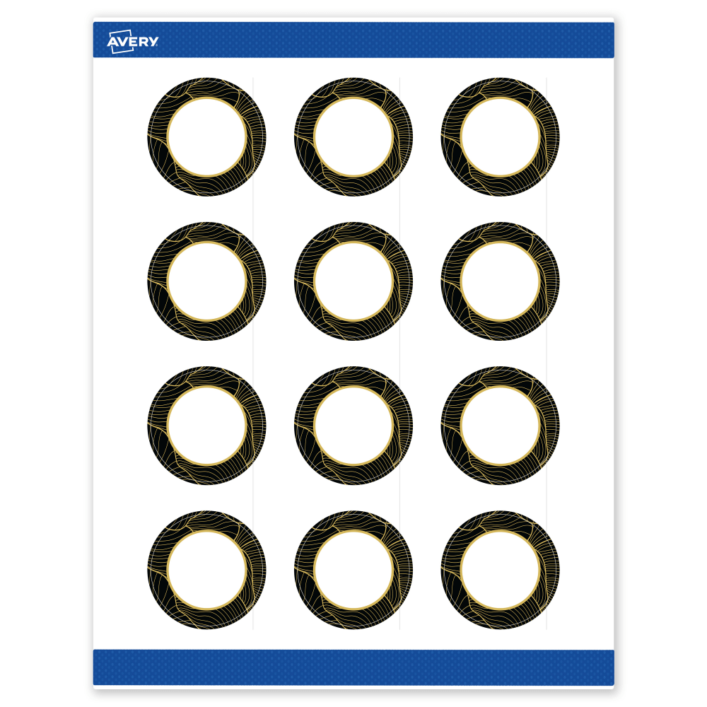 Avery Printable Labels With Sure Feed Technology, S00-ETJ, Round, 2in, Matte White With Preprinted Black/Gold Vein Border, Pack Of 120 MPN:S00-ETJ-PRWMP10