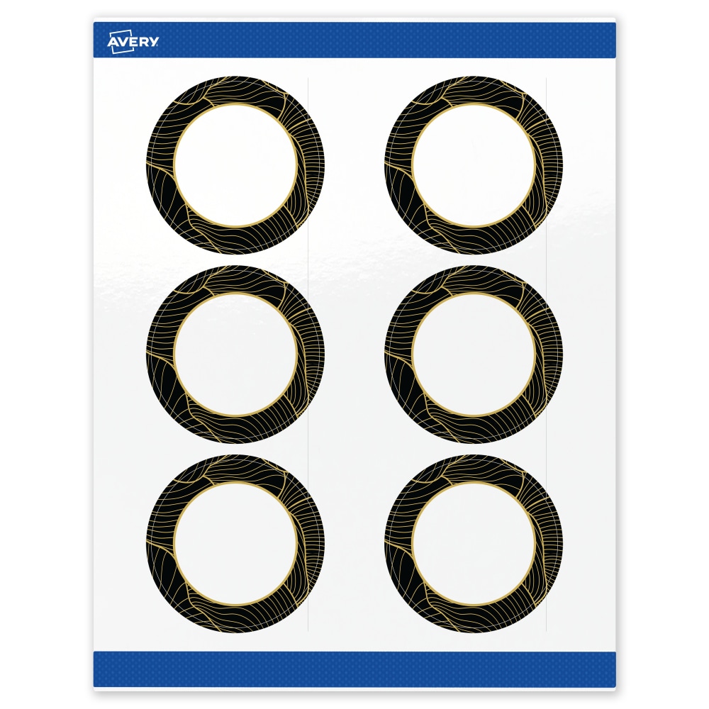 Avery Printable Labels With Sure Feed Technology, S00-ETM, Round, 3in, Glossy White With Preprinted Black/Gold Vein Border, Pack Of 60 MPN:S00-ETM-PRWGP10