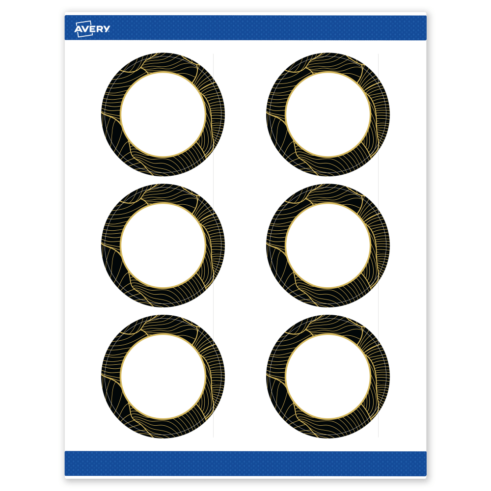 Avery Printable Labels With Sure Feed Technology, S00-ETM, Round, 3in, Matte White With Preprinted Black/Gold Vein Border, Pack Of 60 MPN:S00-ETM-PRWMP10