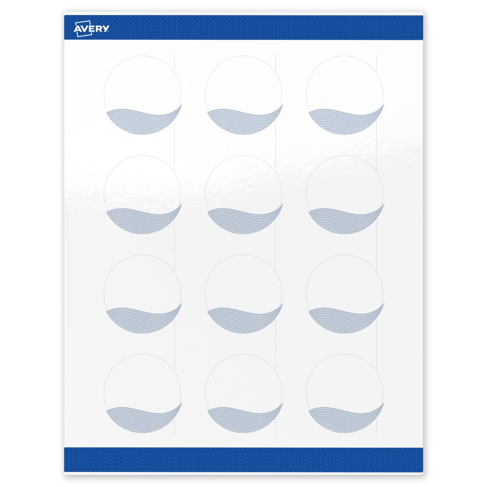 Avery Printable Labels With Sure Feed Technology, S00-EV0, Round, 2in, Glossy White With Preprinted Blue Waves Design, Pack Of 120 MPN:S00-EV0-PRWGP10
