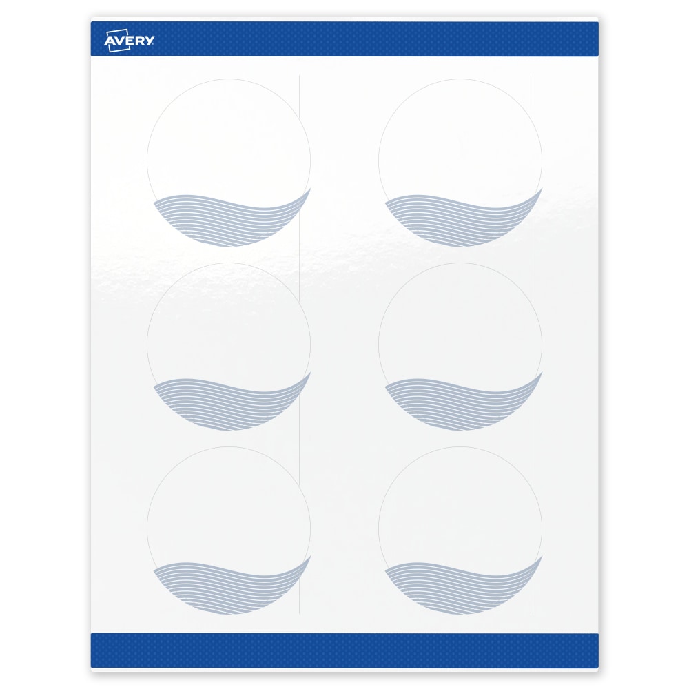 Avery Printable Labels With Sure Feed Technology, S00-EV1, Round, 3in, Glossy White With Preprinted Blue Waves Design, Pack Of 60 MPN:S00-EV1-PRWGP10