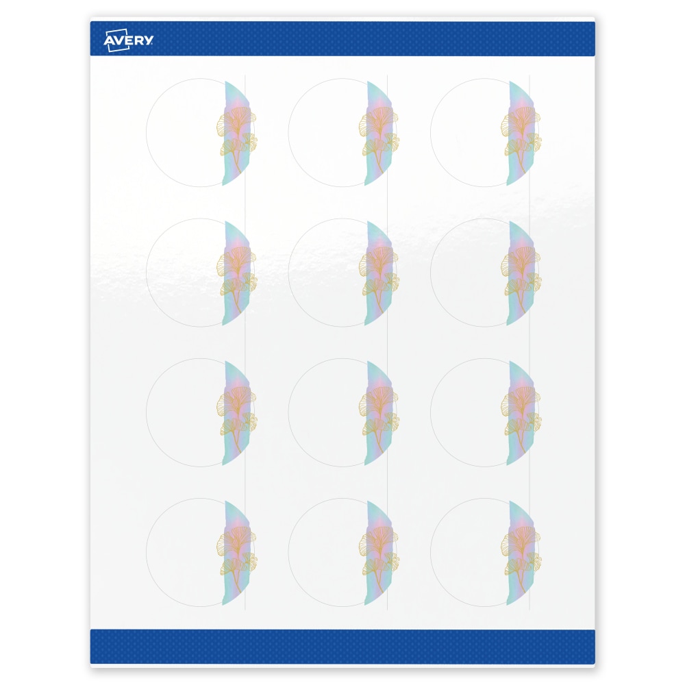 Avery Printable Labels With Sure Feed Technology, S00-EVF, Round, 2in, Glossy White With Preprinted Watercolor/Gold Leaf Design, Pack Of 120 MPN:S00-EVF-PRWGP10
