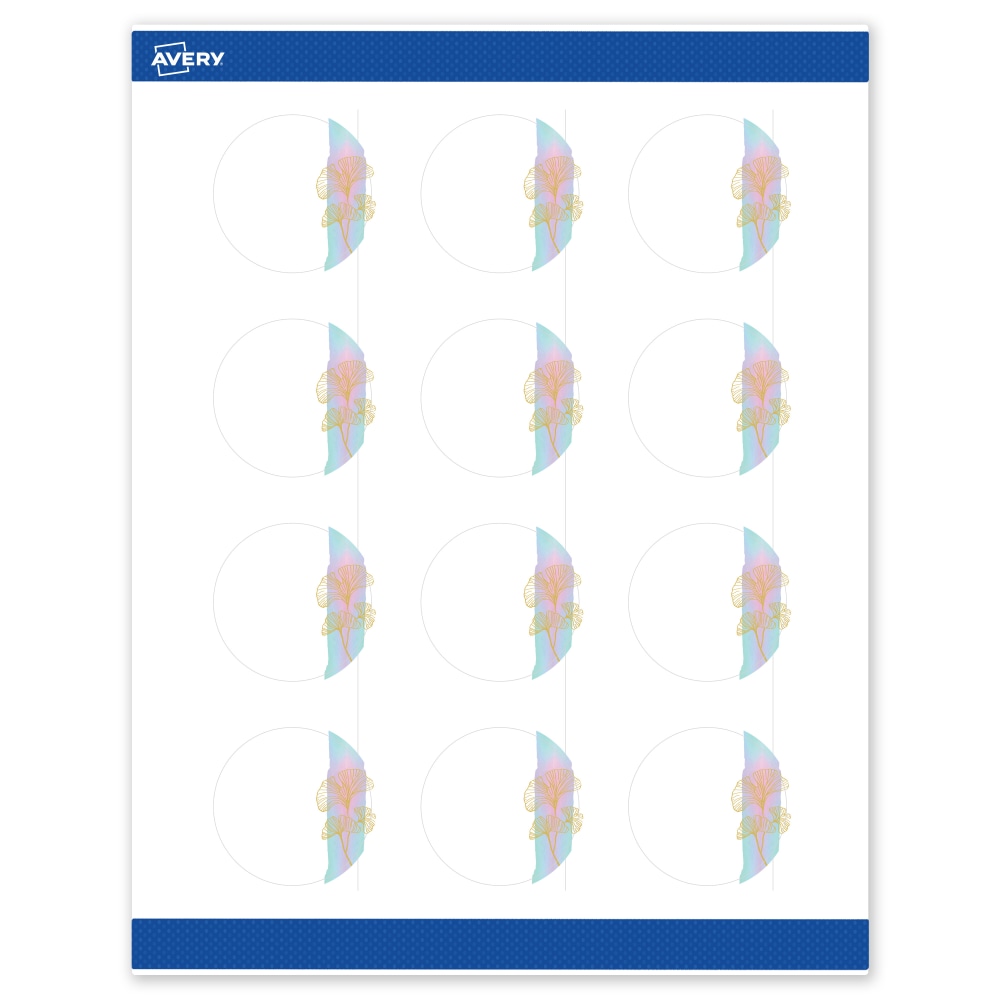 Avery Printable Labels With Sure Feed Technology, S00-EVF, Round, 2in, Matte White With Preprinted Watercolor/Gold Leaf Design, Pack Of 120 MPN:S00-EVF-PRWMP10