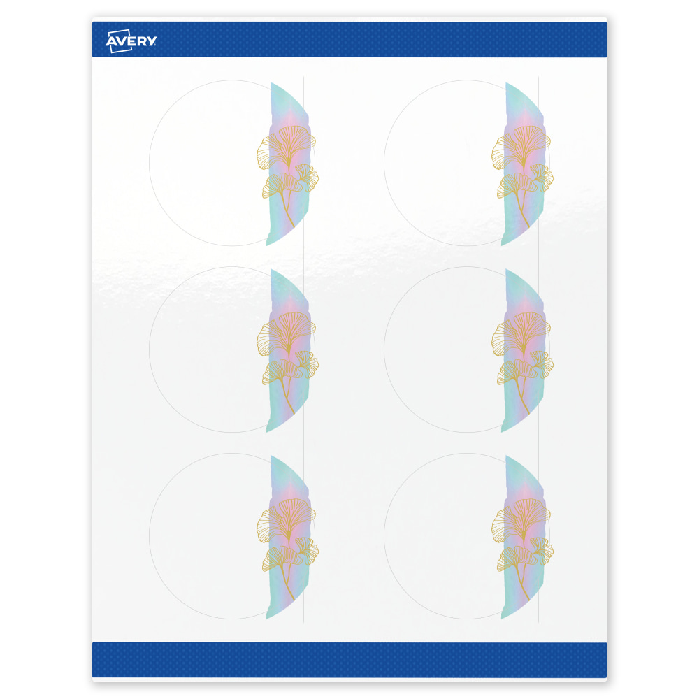 Avery Printable Labels With Sure Feed Technology, S00-EVG, Round, 3in, Glossy White With Preprinted Watercolor/Gold Leaf Design, Pack Of 60 MPN:S00-EVG-PRWGP10