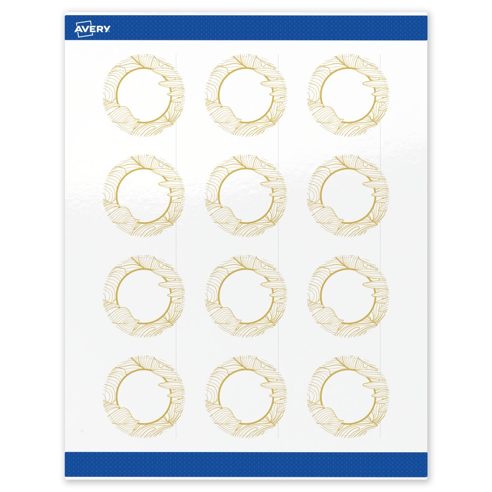 Avery Printable Labels With Sure Feed Technology, S00-EVY, Round, 2in, Glossy White With Preprinted Gold Leaf Pattern, Pack Of 120 MPN:S00-EVY-PRWGP10