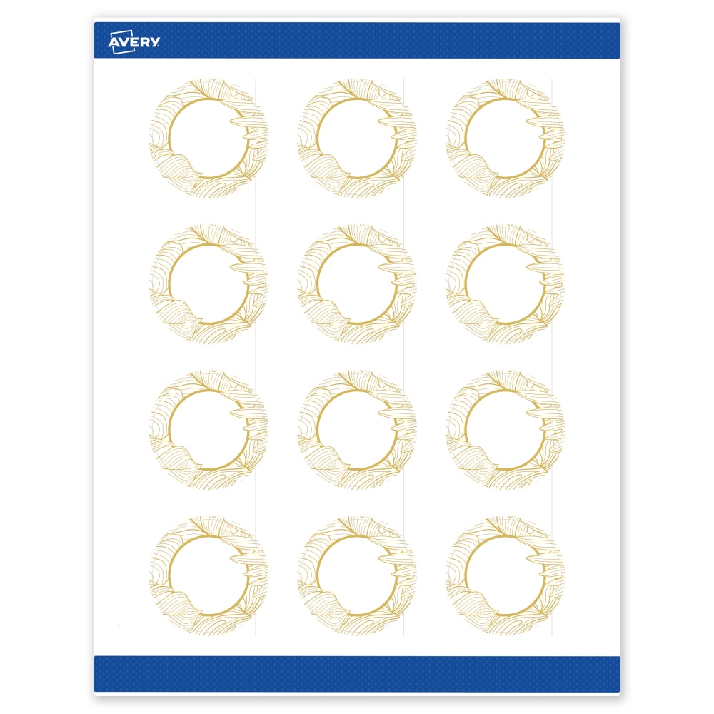 Avery Printable Labels With Sure Feed Technology, S00-EVY, Round, 2in, Matte White With Preprinted Gold Leaf Pattern, Pack Of 120 MPN:S00-EVY-PRWMP10