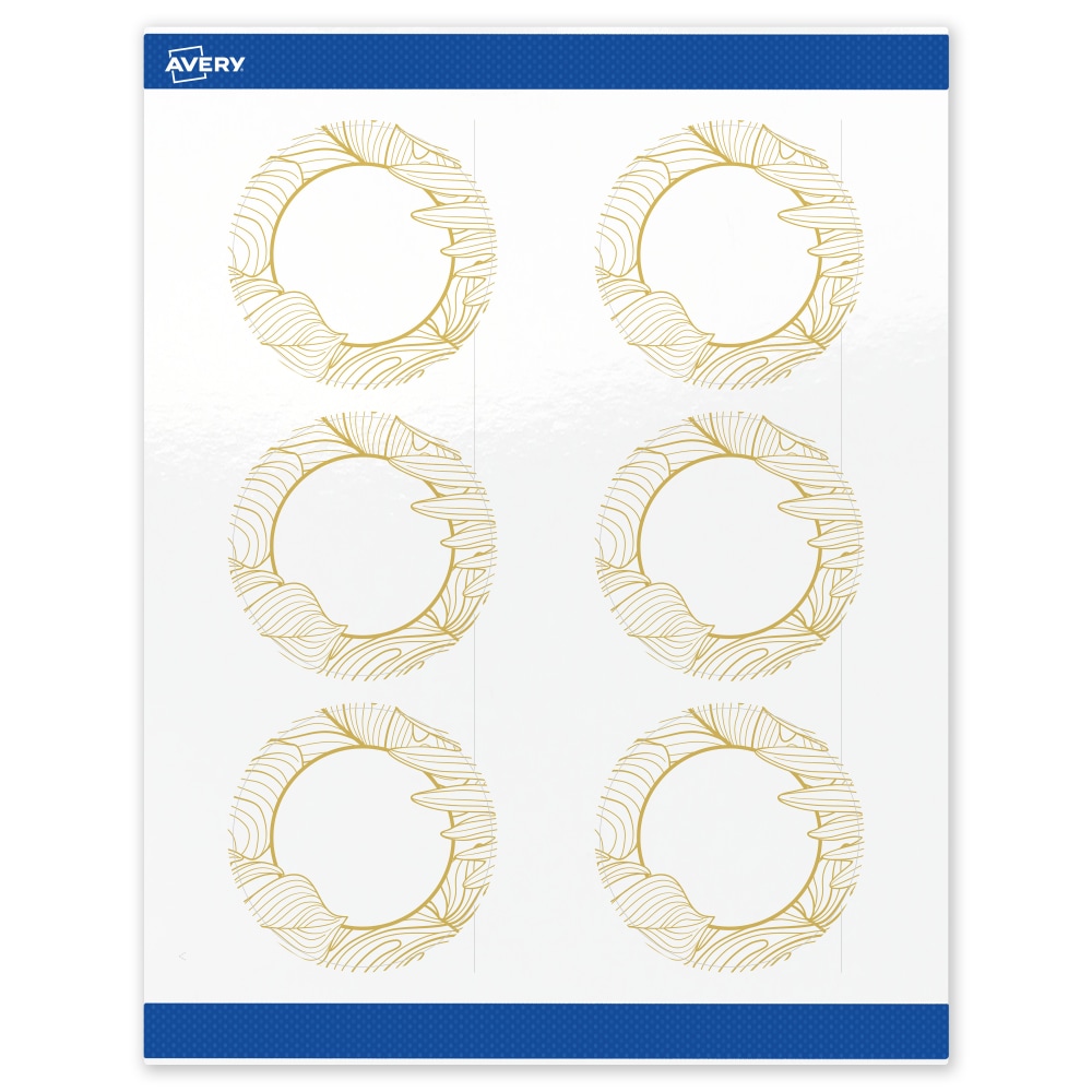 Avery Printable Labels With Sure Feed Technology, S00-EVZ, Round, 3in, Glossy White With Preprinted Gold Leaf Pattern, Pack Of 60 MPN:S00-EVZ-PRWGP10