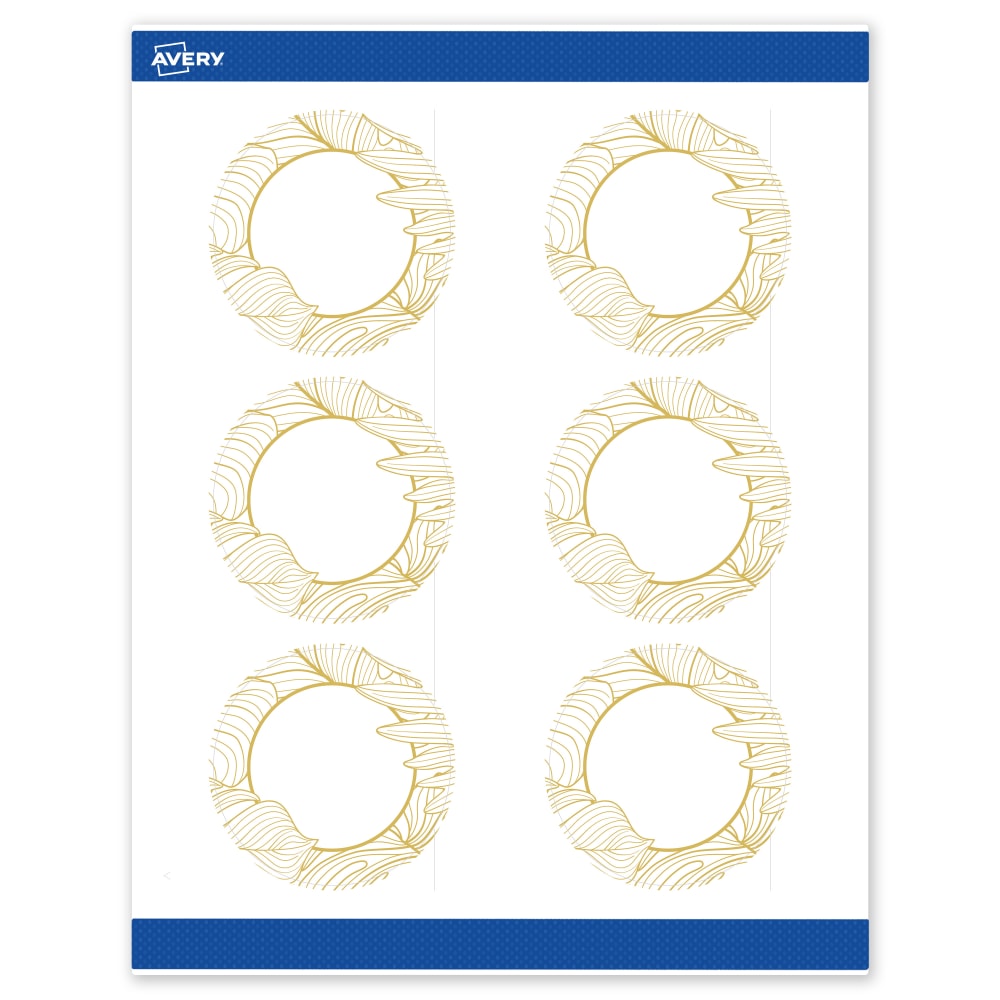 Avery Printable Labels With Sure Feed Technology, S00-EVZ, Round, 3in, Matte White With Preprinted Gold Leaf Pattern, Pack Of 60 MPN:S00-EVZ-PRWMP10
